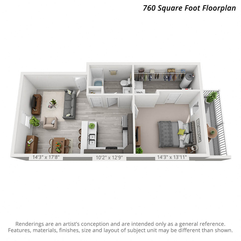 Floor plan for 1 bed, 1 bath, 760 sqft